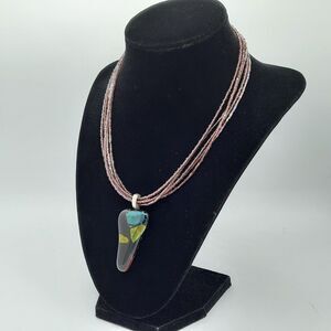 Multi Strand Purple Glass Bead Necklace Fused Dual Sided Silver Heart Pendant